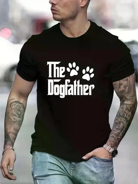 Super Soft THE DOG FATHER Letter Graphic Print - Pure Cotton Men's Fashion T-Shirt - Short Sleeves, Round Comfortable Collar, Re