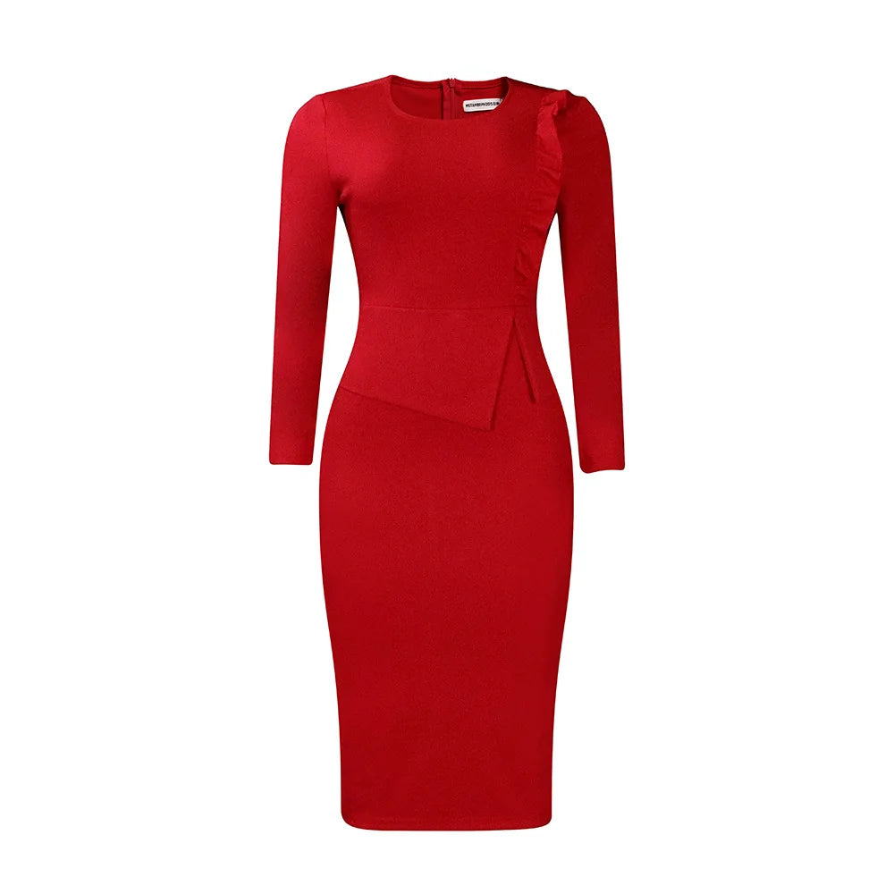 Women's Solid Color Dress 2024 Autumn Winter New Temperament Slim Pencil Skirt Long Sleeve Ruffle Fashionable Hip Hugging Dress