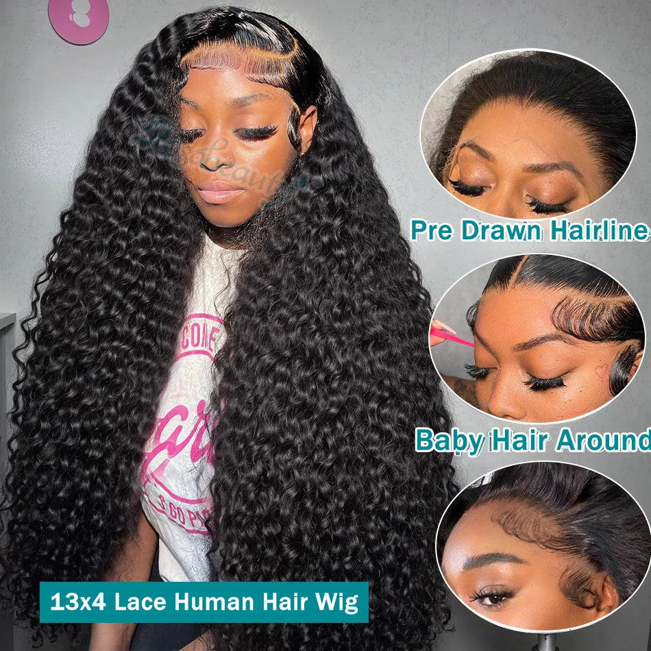 Rosabeauty 200 Density HD 13X6 Transparent Deep Water Wave Curly Lace Frontal Wigs 30 40 Inch 13X4 Lace Front Human Hair Wig