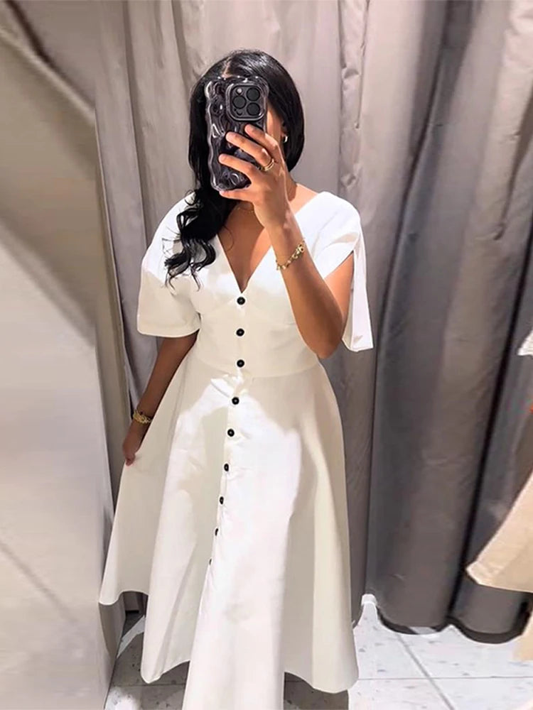 Elegant Single Breasted Long Dress Women White V-Neck Short Sleeve Female Party A-line Dresses 2025 Summer Lady Vacation Robes