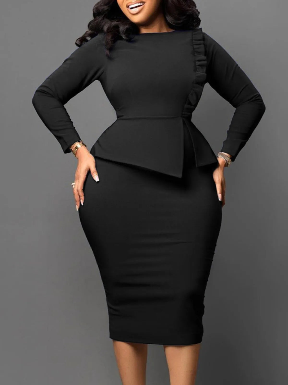 Women's Solid Color Dress 2024 Autumn Winter New Temperament Slim Pencil Skirt Long Sleeve Ruffle Fashionable Hip Hugging Dress