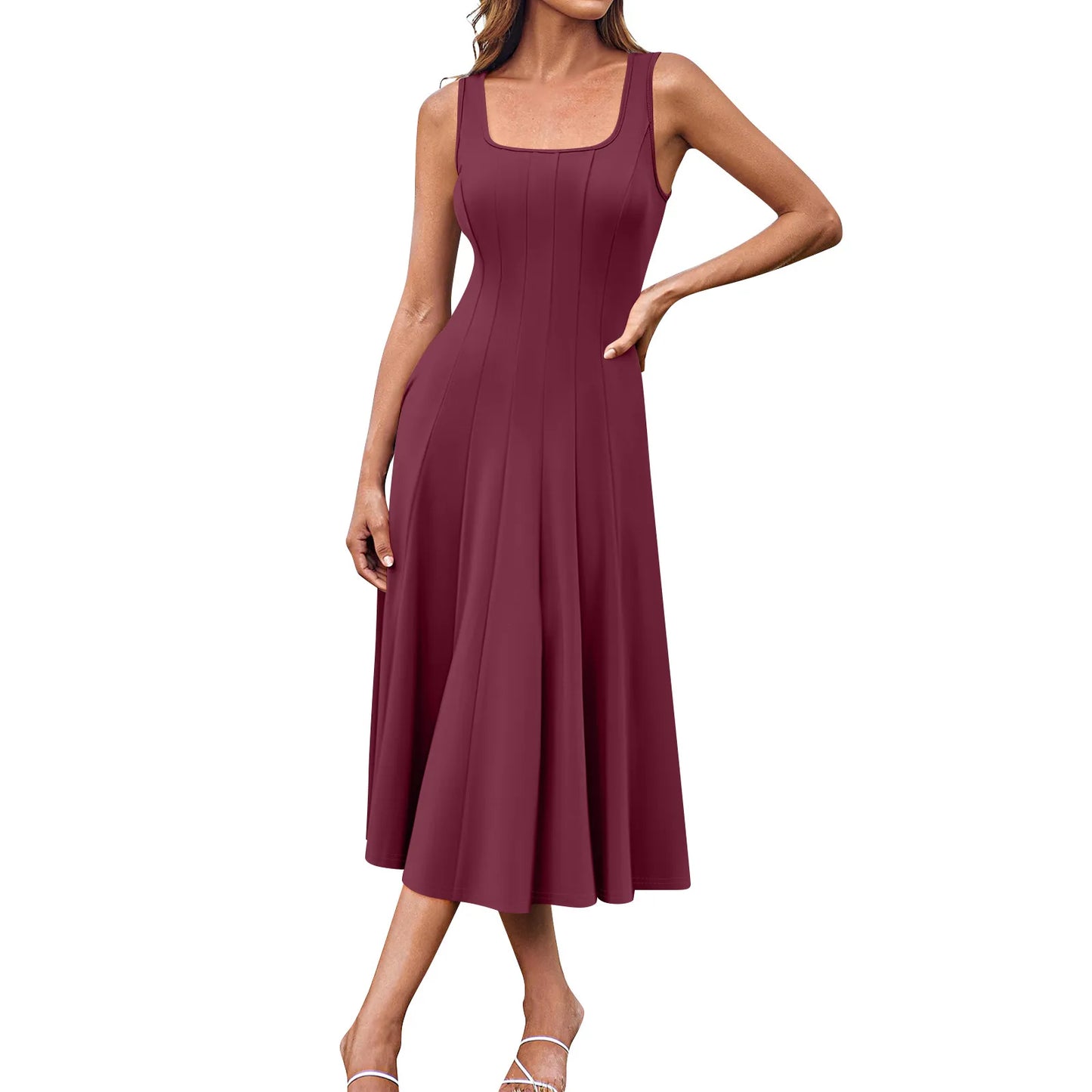 Women's Elegant solid color dress Spring Summer Casual Fashion long dresses Round Neck Sleeveless Side Pocket Midi Dress