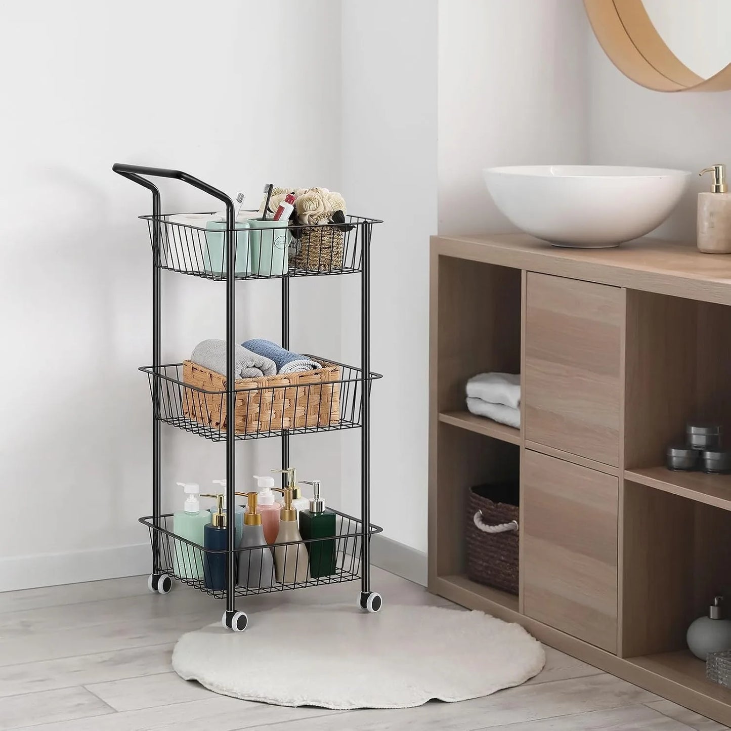 Metal 3-Tier Rolling Kitchen Cart | Multi-Purpose Storage with Handle & Basket | Living/Dining/Laundry Utility Cart, Black