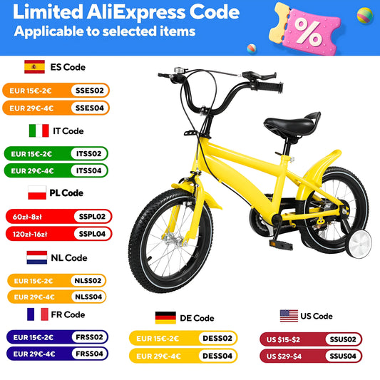 Children's Bicycle, Kids' Bike with Training Wheels, Sturdy Carbon Steel Frame 14" Wheels, Adjustable Seat & Handlebars Ages 2-4