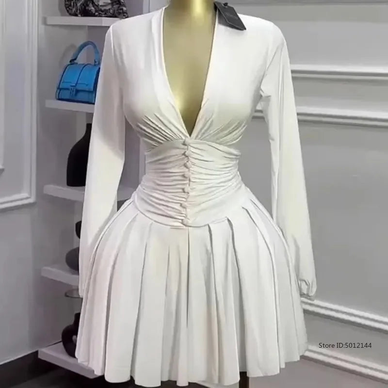 Women's Party Mini Dress 2025 Spring/summer Latest Casual Sexy Plunge Ruched Lantern Sleeve Button Daily A Line Short Skirt