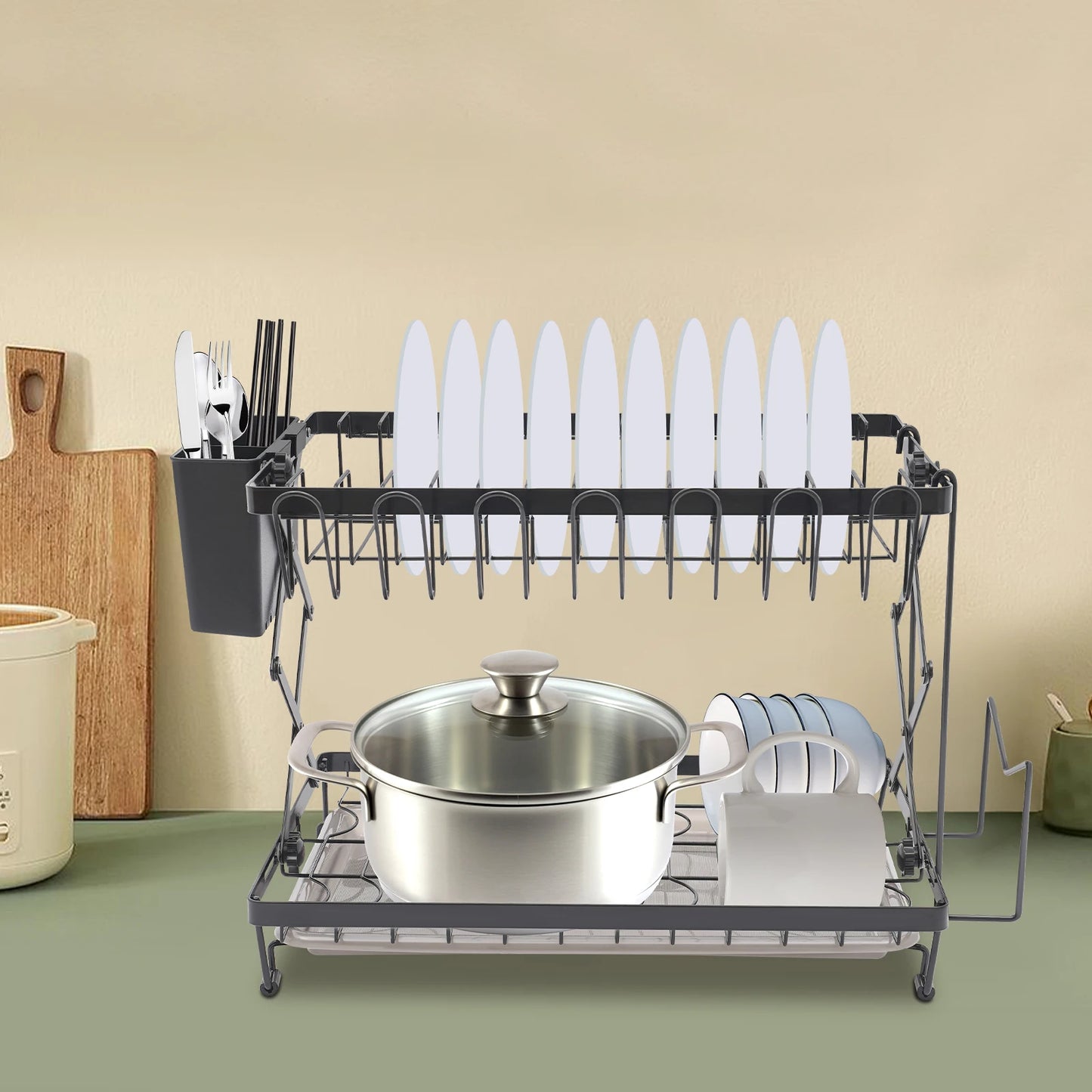 Kitchen storage shelf Collapsible dish tray tray storage rack Household countertop drain multi-functional rack Double layer