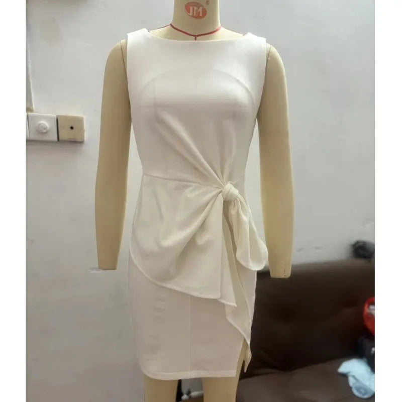 Sexy Sleeveless Hollow Midi Dresses Elegant O Neck Waist Cinched Bow Wrapped Dress Women Office Party Dress 2025 New Vestidos