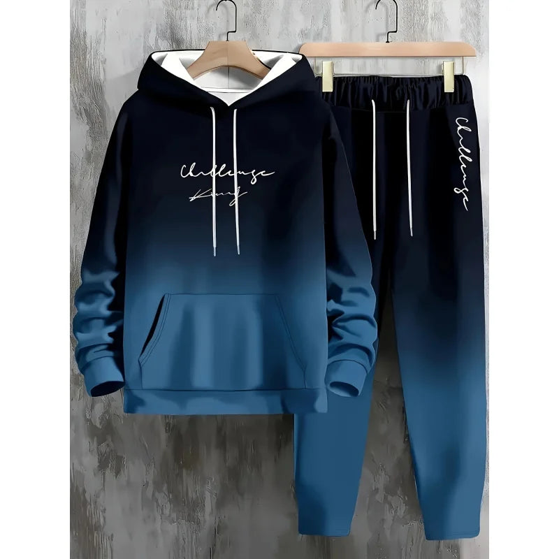 2 Pieces plus Size Men Leisure Suit,Gradient Blue and Black,Letter Printing Hoodie and Sweatpants,Fall winter fashion