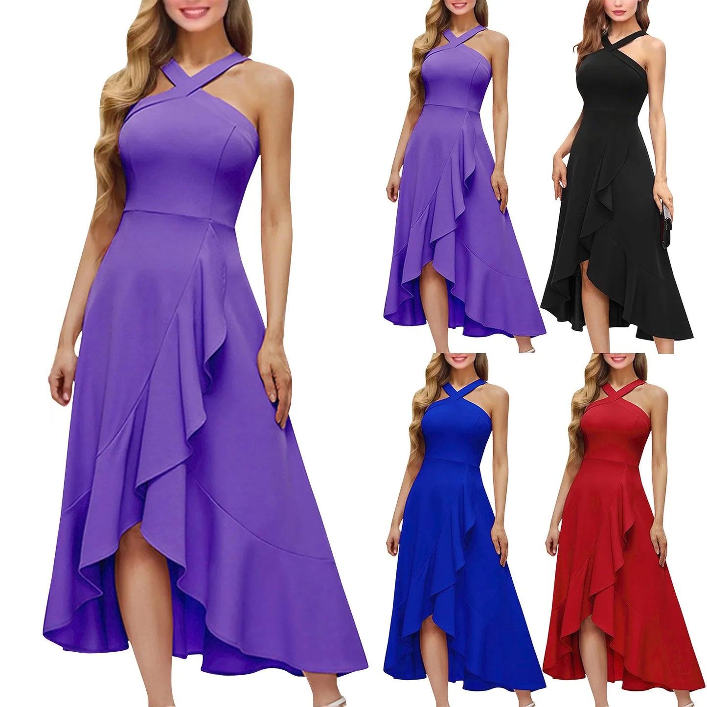 Party dresses for women Elegant halterneck sleeveless sexy evening dress Solid Color Ruffle design long dresses vestidos curtos