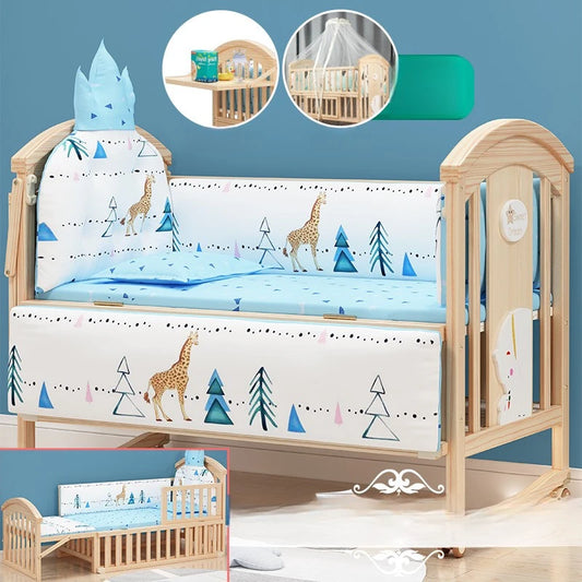 Comfortable Baby Bed,Solid Wood,Movable,with Diaper Changing Table and Mosquito Net,Multifunctional Baby Bed, Adjustable Height