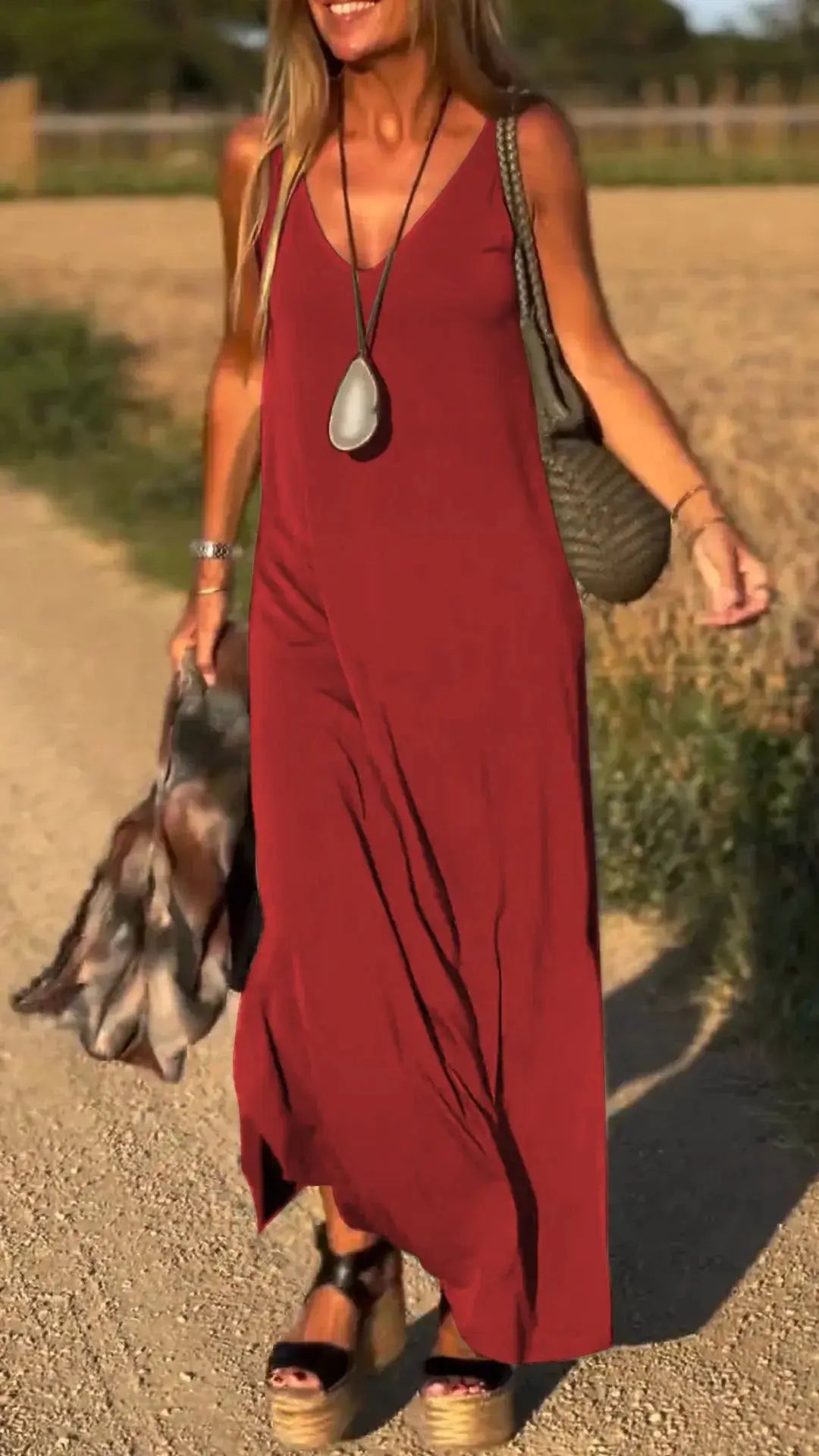 2025 Summer New Women's Fashion Solid Color Sexy V-neck Sleeveless Strap Casual Loose Long Ankle Dress