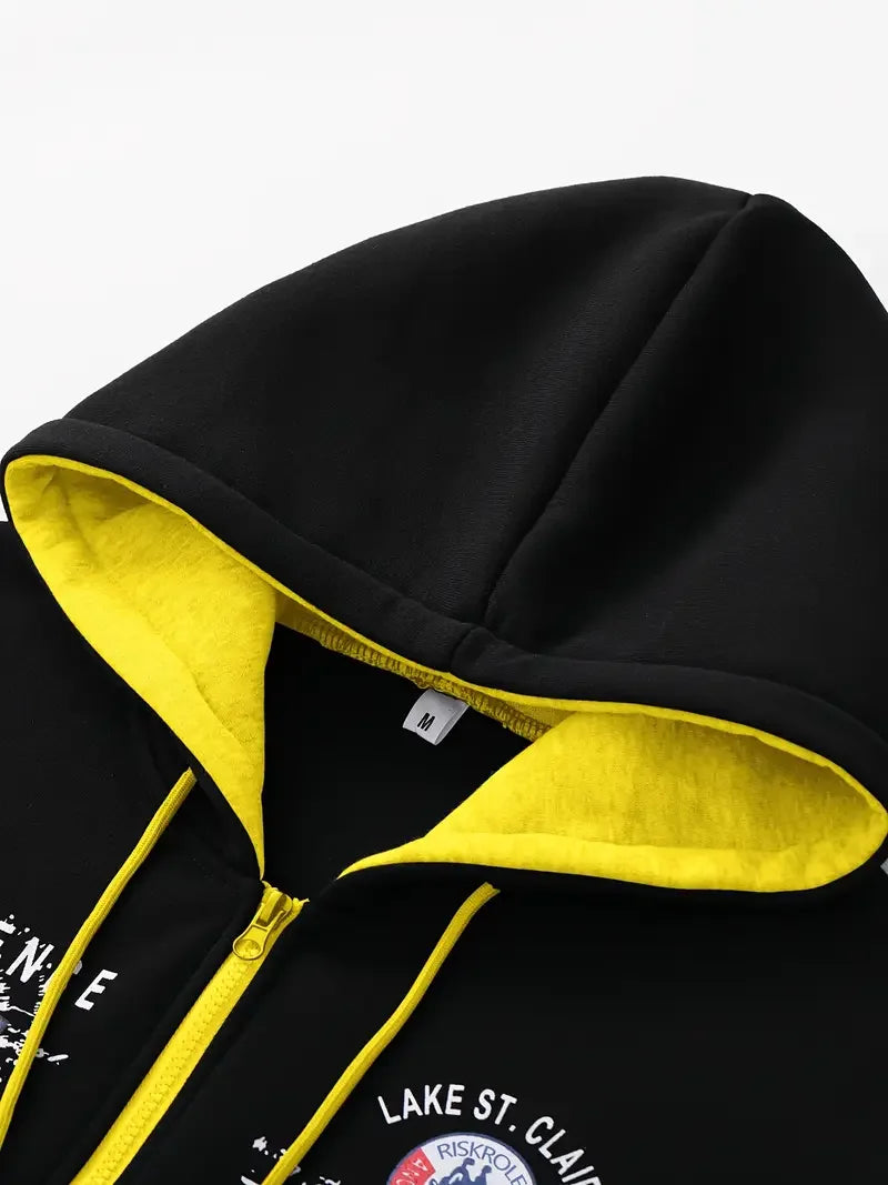 Men's hooded letter printed sportswear set, 2-piece casual sportswear set, fashionable hooded sweatshirt with full zipper and el