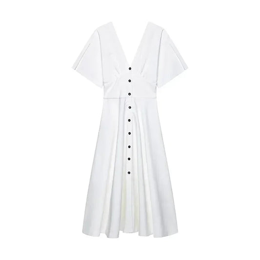 Elegant Single Breasted Long Dress Women White V-Neck Short Sleeve Female Party A-line Dresses 2025 Summer Lady Vacation Robes