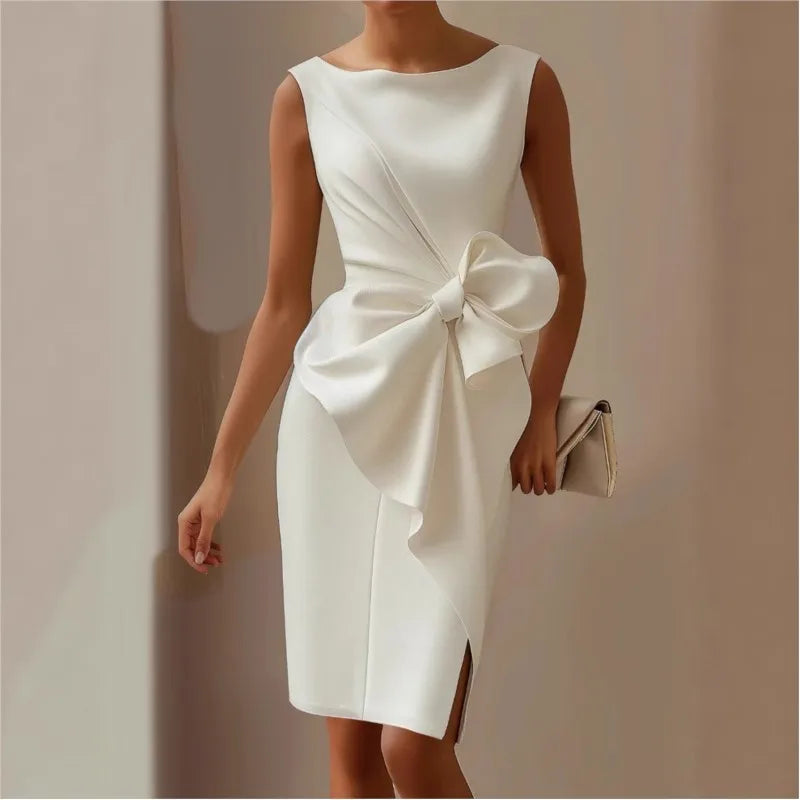 Sexy Sleeveless Hollow Midi Dresses Elegant O Neck Waist Cinched Bow Wrapped Dress Women Office Party Dress 2025 New Vestidos
