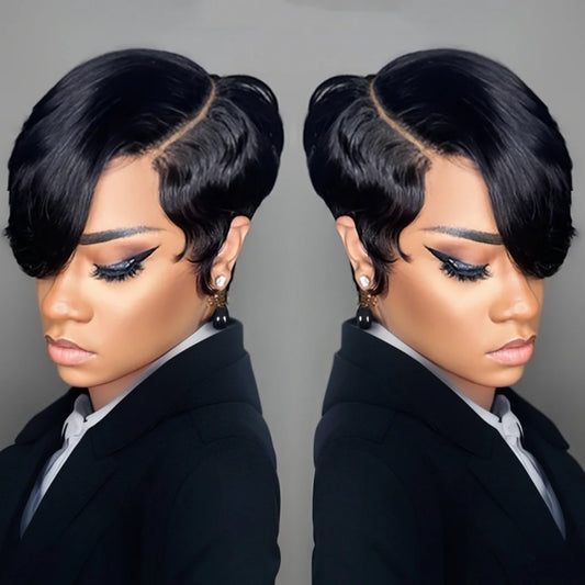 Pixie Cut Wigs Short Human Hair Wigs with Bangs Short Layered Full Machine Made Wig Natural Black Color for Women