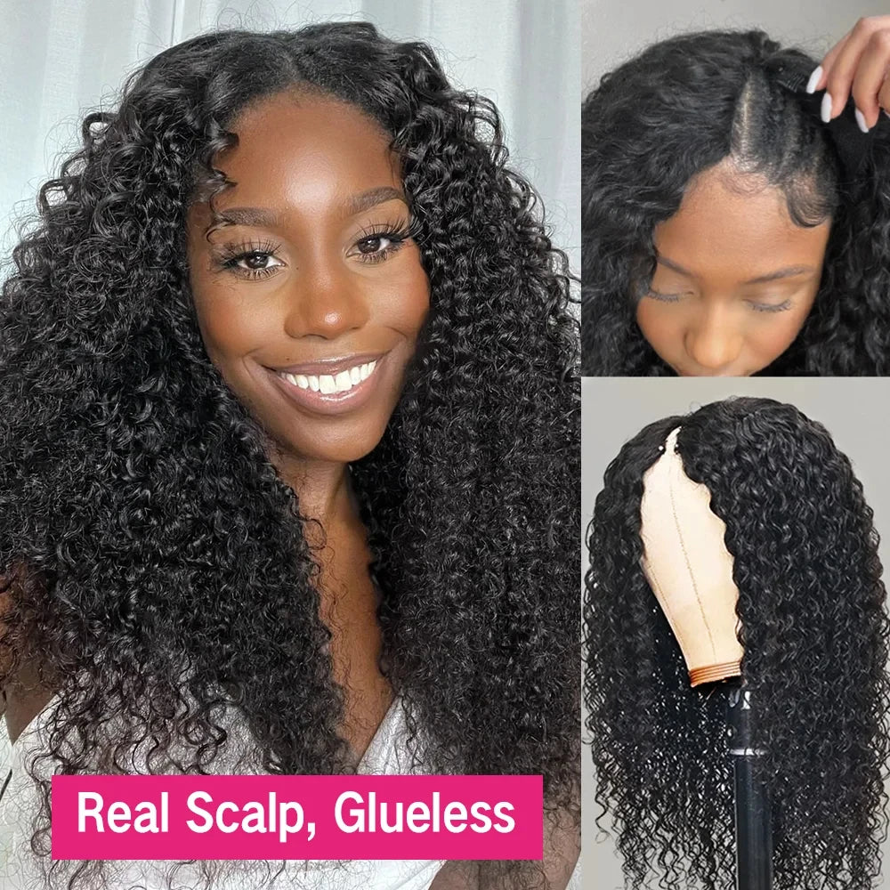 Glueless Kinky Curly V Part Wig Human Hair No Lace Wig Deep Wave Frontal Wig Water Wave Human Hair Wig Brazilian Hair For Women