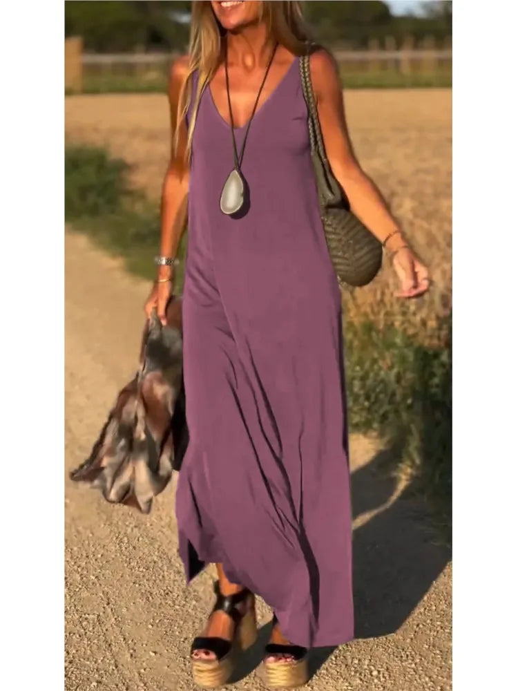 2025 Summer New Women's Fashion Solid Color Sexy V-neck Sleeveless Strap Casual Loose Long Ankle Dress