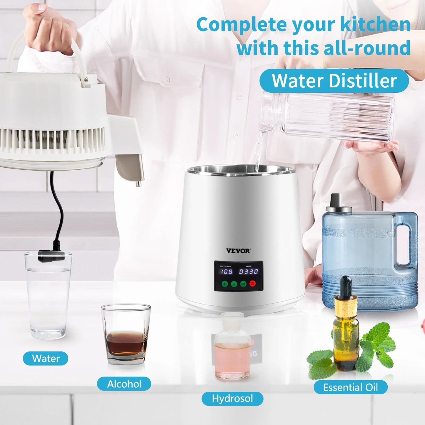 VEVOR 4L Water Distiller 1L/H Water Maker Machine w/ Timing&Temp Display 304 Stainless Steel Countertop for Offices Homes White