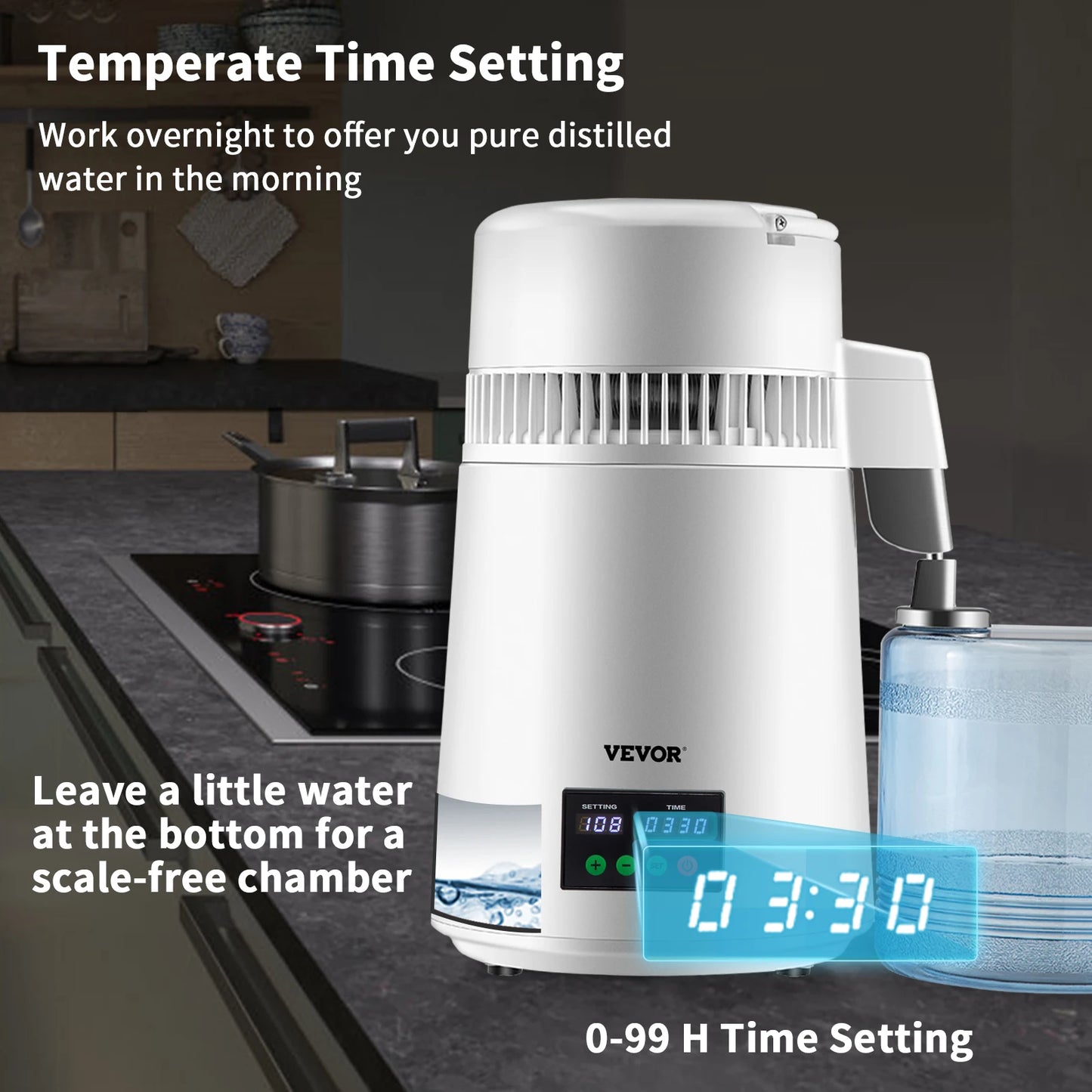 VEVOR 4L Water Distiller 1L/H Water Maker Machine w/ Timing&Temp Display 304 Stainless Steel Countertop for Offices Homes White