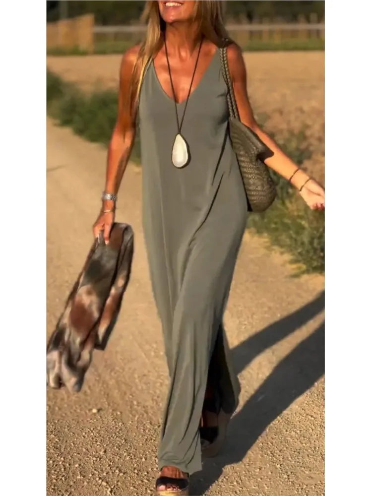 2025 Summer New Women's Fashion Solid Color Sexy V-neck Sleeveless Strap Casual Loose Long Ankle Dress