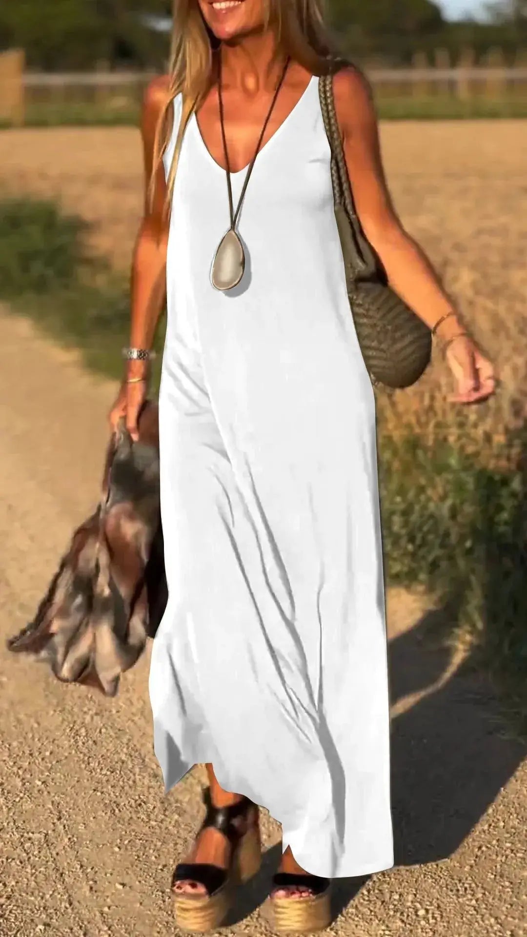 2025 Summer New Women's Fashion Solid Color Sexy V-neck Sleeveless Strap Casual Loose Long Ankle Dress