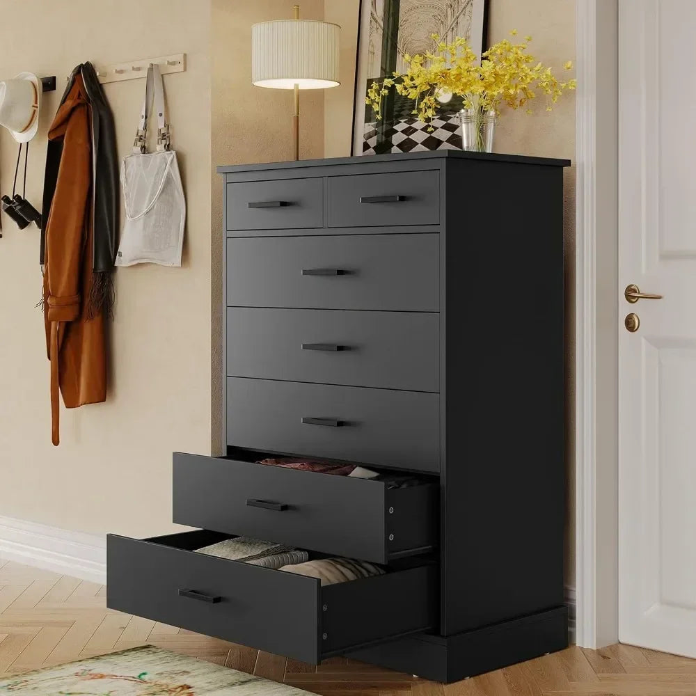 Black Dresser for Bedroom, Tall 7 Drawer Dresser with Sturdy Base, Wood Storage Tower Clothes Organizer, Large Storage Cabinet