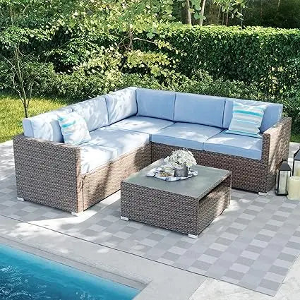 Outdoor Sectional 5-Piece Wicker Patio Furniture Set Sofa Conversation Set w 50,000 BTU Rectangle Fire Pit Coffee Table Wind Gu