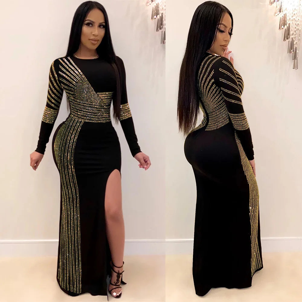 Women High Split Long Dress Shiny Rhinestone Long Sleeve Bodycon Evening Party Dress Elegant O-Neck Wrapped Hip Cocktail Dress