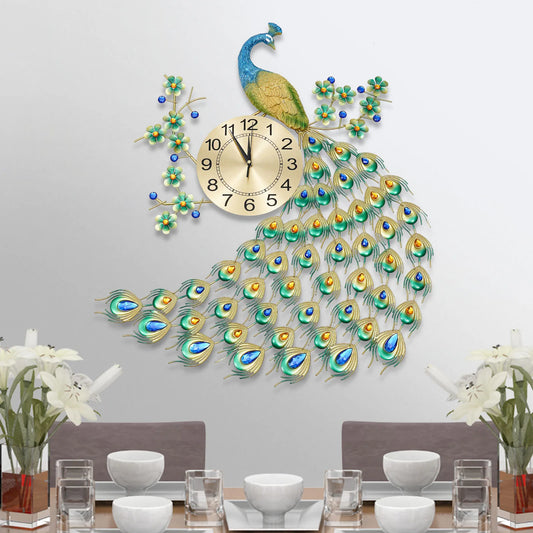 Luxury Peacock Wall Clock Metal 3D Art Decoration Wall Clock 8.26Inch Silent Quartz Scanning Movement Dining Room Decor