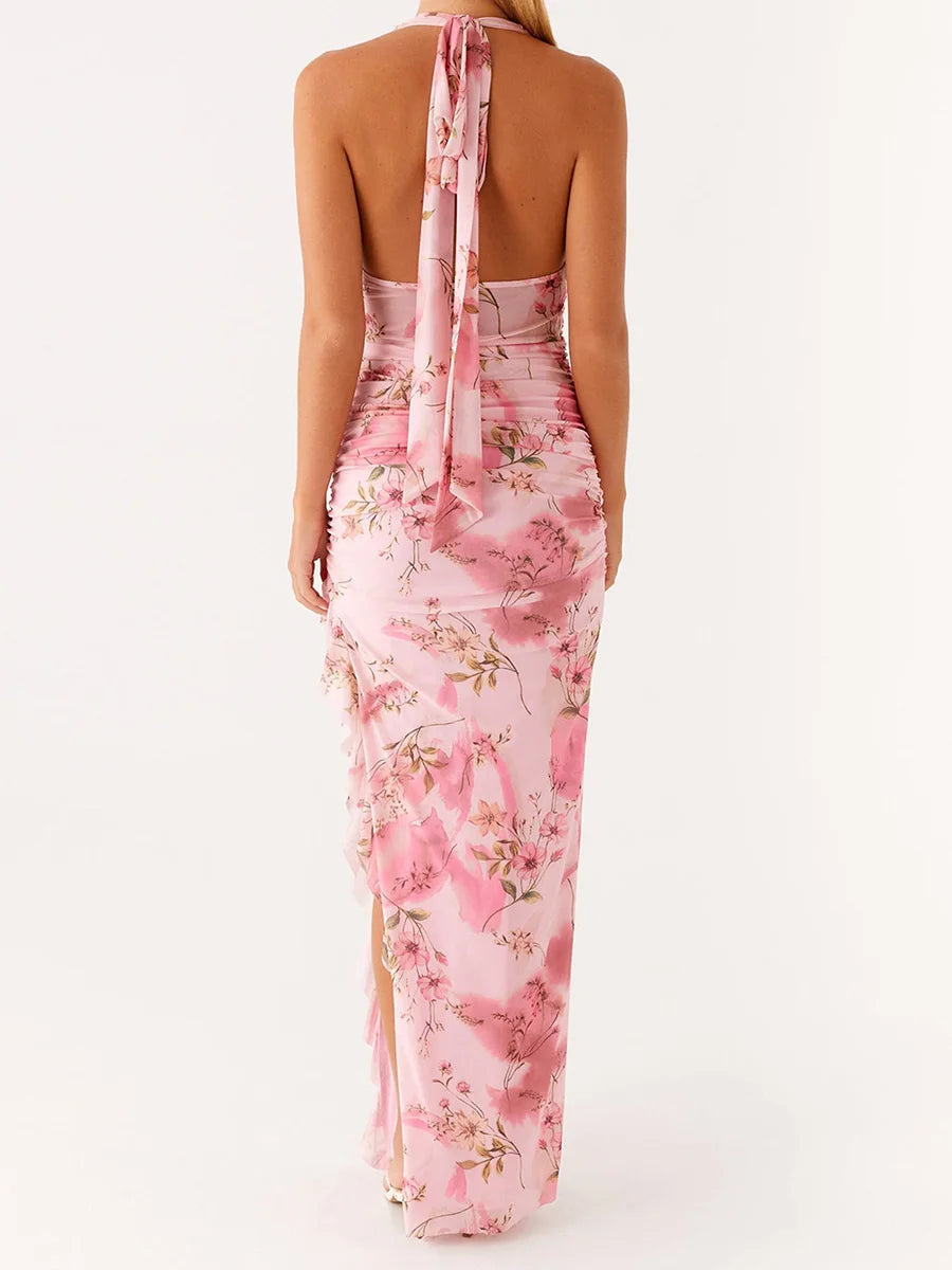 Elegant Off Shoulder Maxi Dress with Ruffle Detail and Slit Sleeveless Floral Print Bodycon Evening Gown for Women