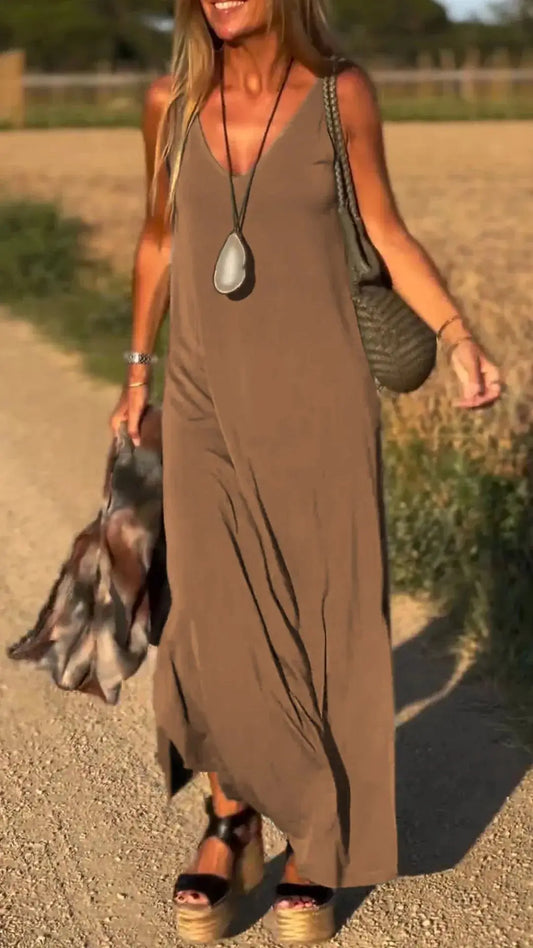 2025 Summer New Women's Fashion Solid Color Sexy V-neck Sleeveless Strap Casual Loose Long Ankle Dress