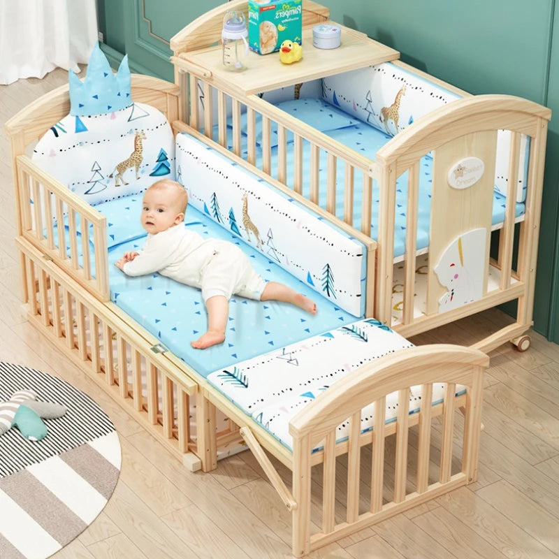 Comfortable Baby Bed,Solid Wood,Movable,with Diaper Changing Table and Mosquito Net,Multifunctional Baby Bed, Adjustable Height