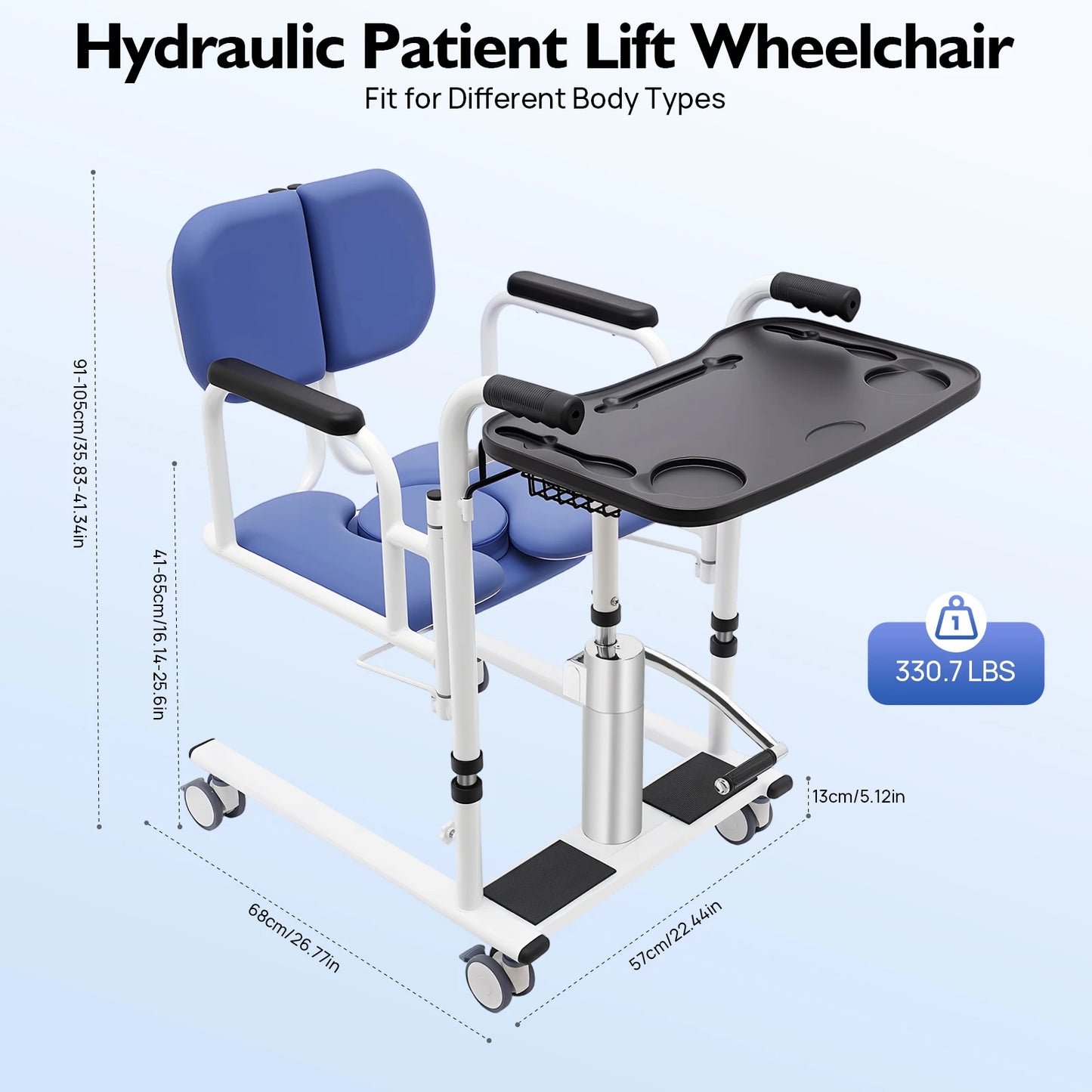 330lbs Hydraulic Patient Lift Chair 180° Split Bath Commode Seat Transfer Adjustable Height Detachable Cushion & Portable Potty