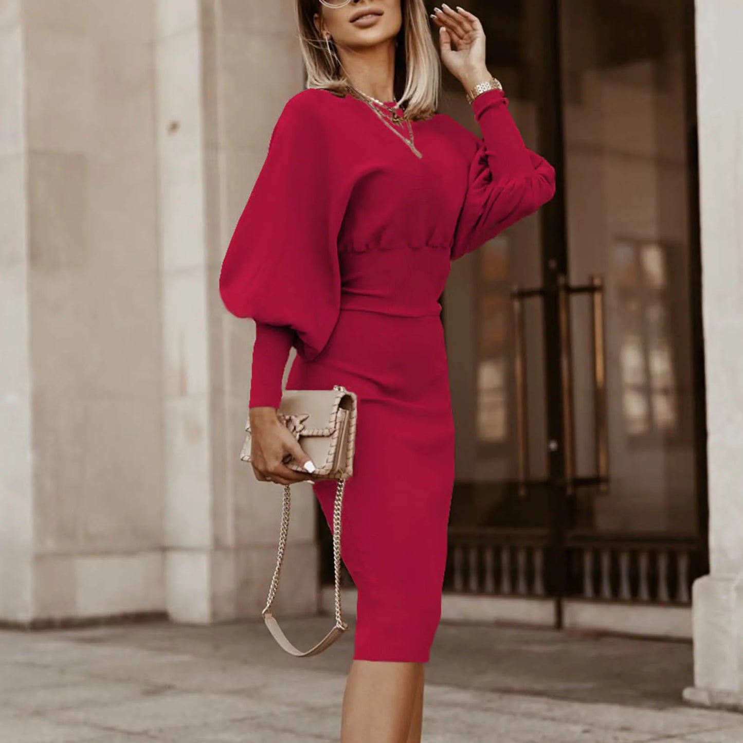 Women's Luxury Red High Waist Dress Elegant Ladies O-neck Long Sleeve Folds Bodycon Gray Evening Robe Fall New