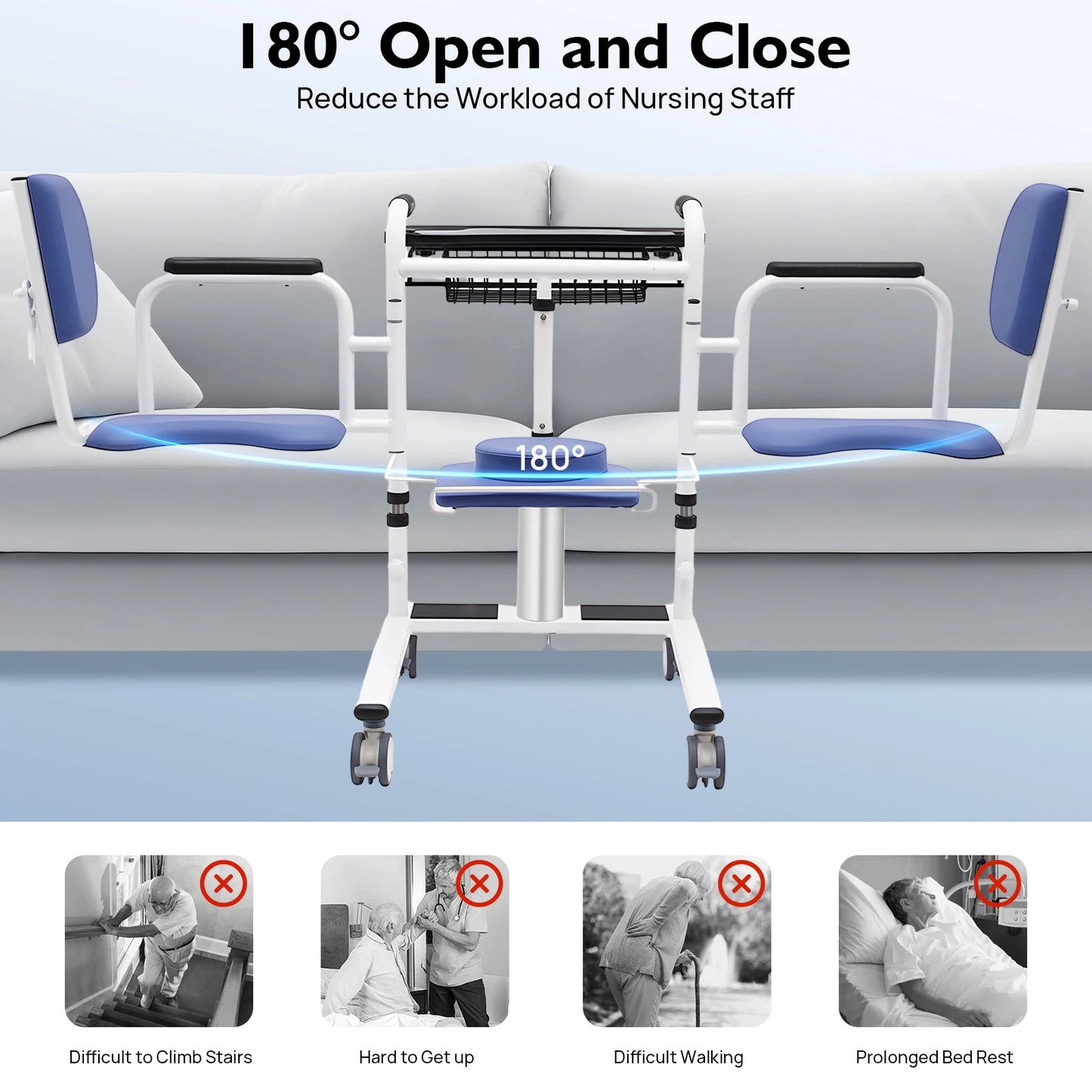 330lbs Hydraulic Patient Lift Chair 180° Split Bath Commode Seat Transfer Adjustable Height Detachable Cushion & Portable Potty