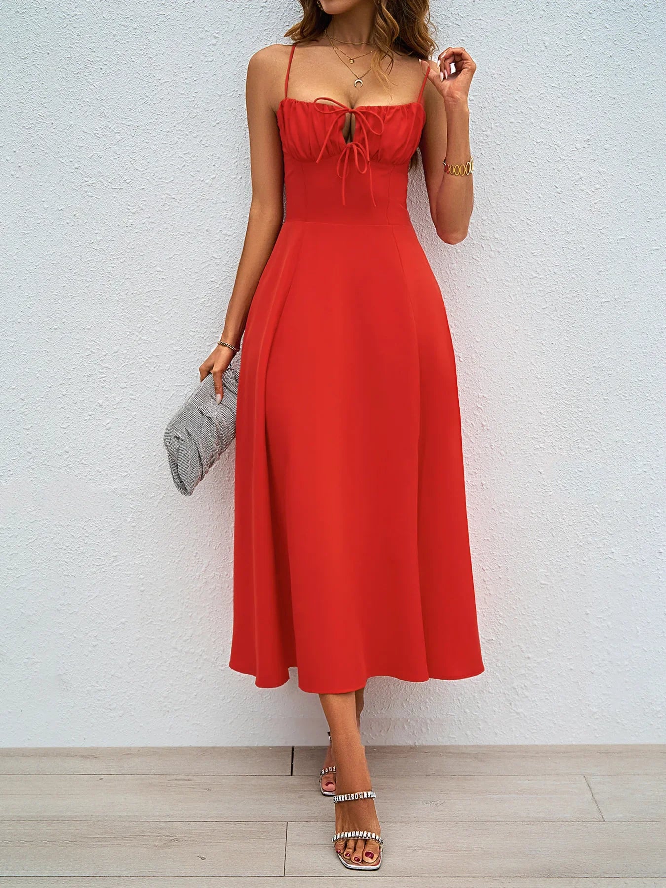 Women's Red Dress Solid Color Elegant High Waist Suspender Backless Long Dress Sexy Slim Fit High Slit Evening Gown Dress 2024