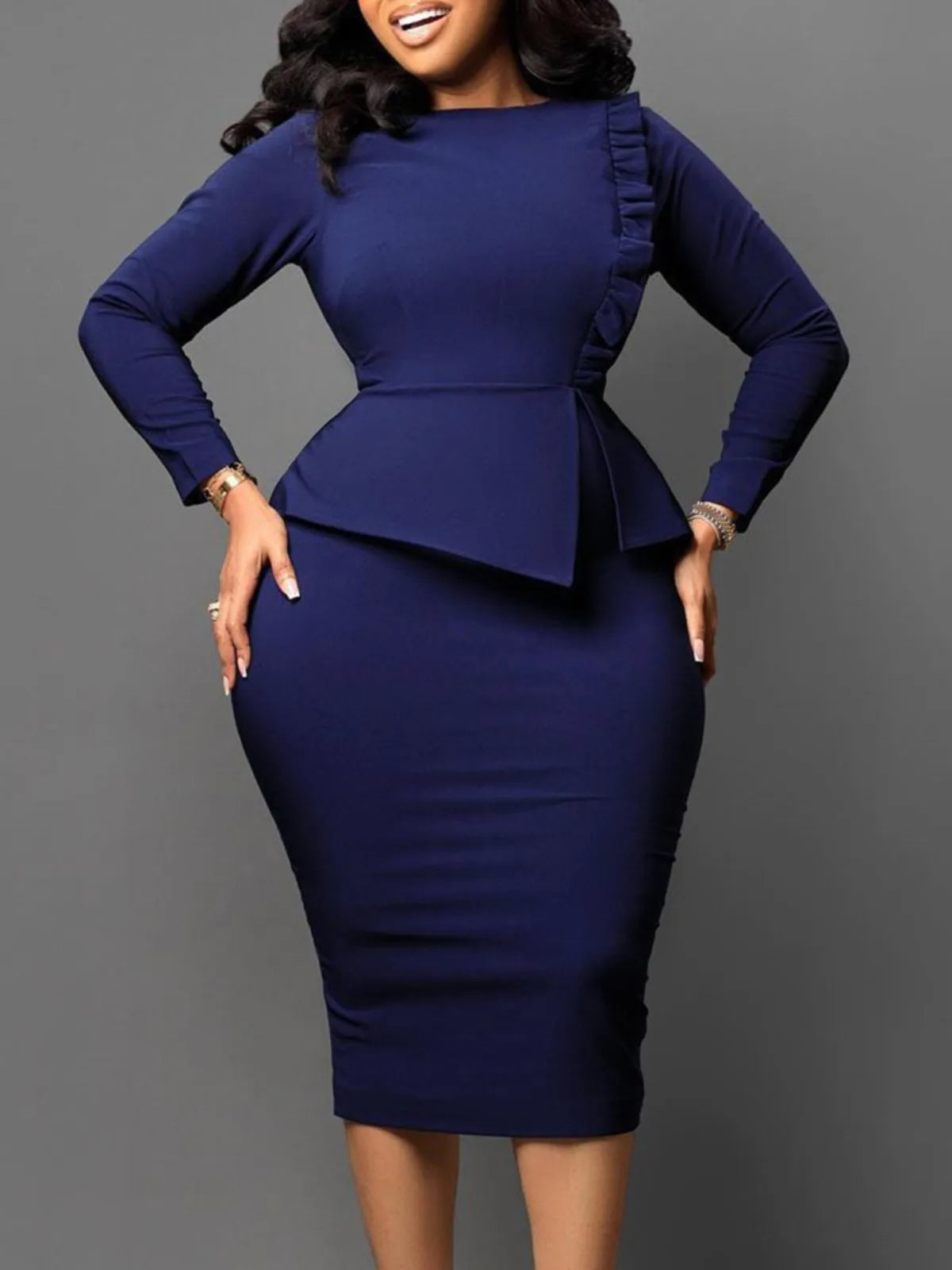Women's Solid Color Dress 2024 Autumn Winter New Temperament Slim Pencil Skirt Long Sleeve Ruffle Fashionable Hip Hugging Dress
