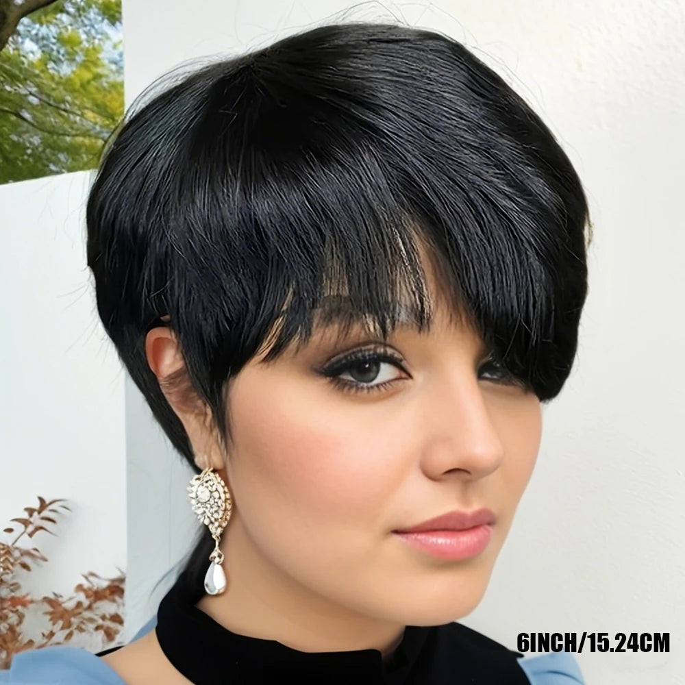 Pixie Cut Wigs Short Human Hair Wigs with Bangs Short Layered Full Machine Made Wig Natural Black Color for Women