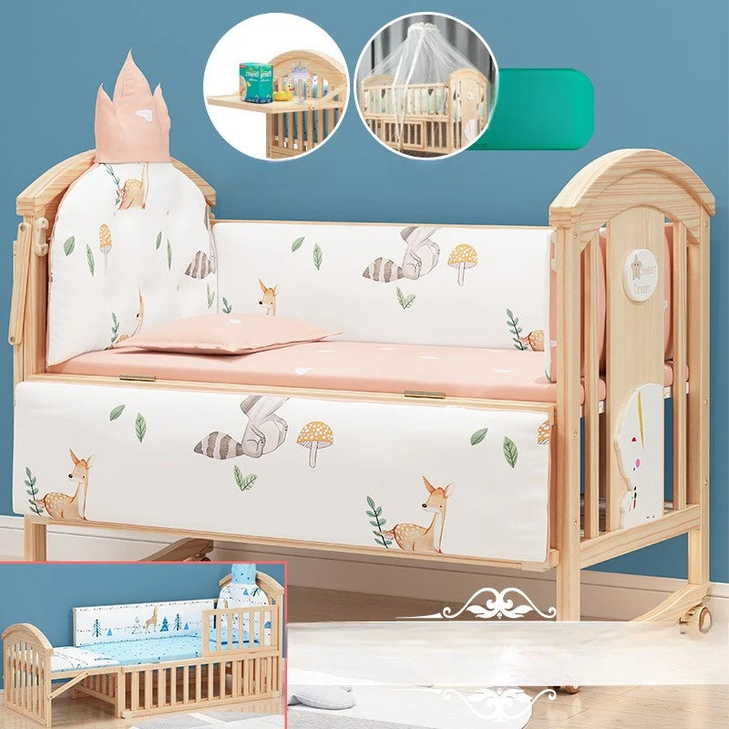 Comfortable Baby Bed,Solid Wood,Movable,with Diaper Changing Table and Mosquito Net,Multifunctional Baby Bed, Adjustable Height