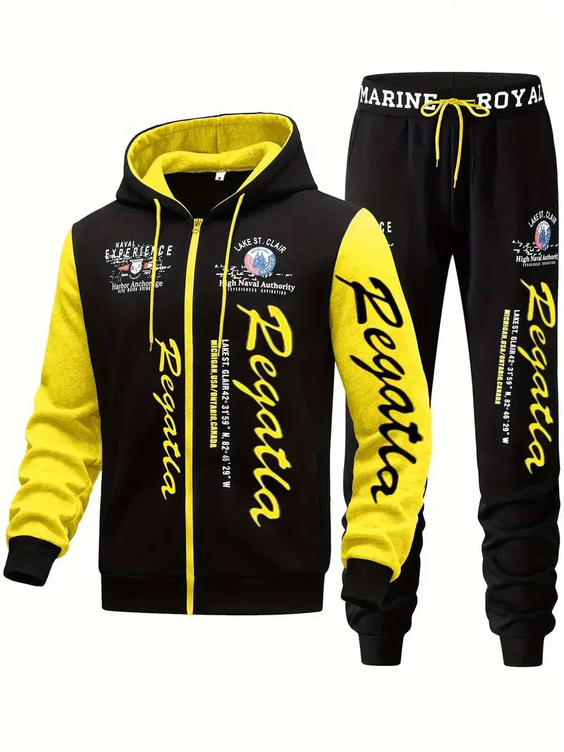 Men's hooded letter printed sportswear set, 2-piece casual sportswear set, fashionable hooded sweatshirt with full zipper and el