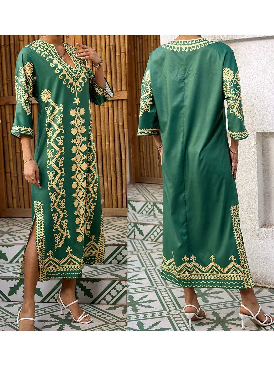 Elegant 3 4 Sleeve V-Neck Maxi Dress with Retro Print Perfect for Ramadan Arab Robe Caftan Gowns for Women