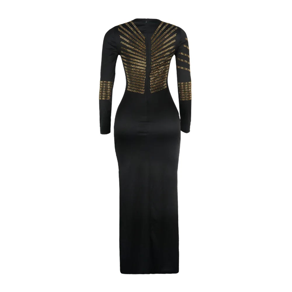 Women High Split Long Dress Shiny Rhinestone Long Sleeve Bodycon Evening Party Dress Elegant O-Neck Wrapped Hip Cocktail Dress