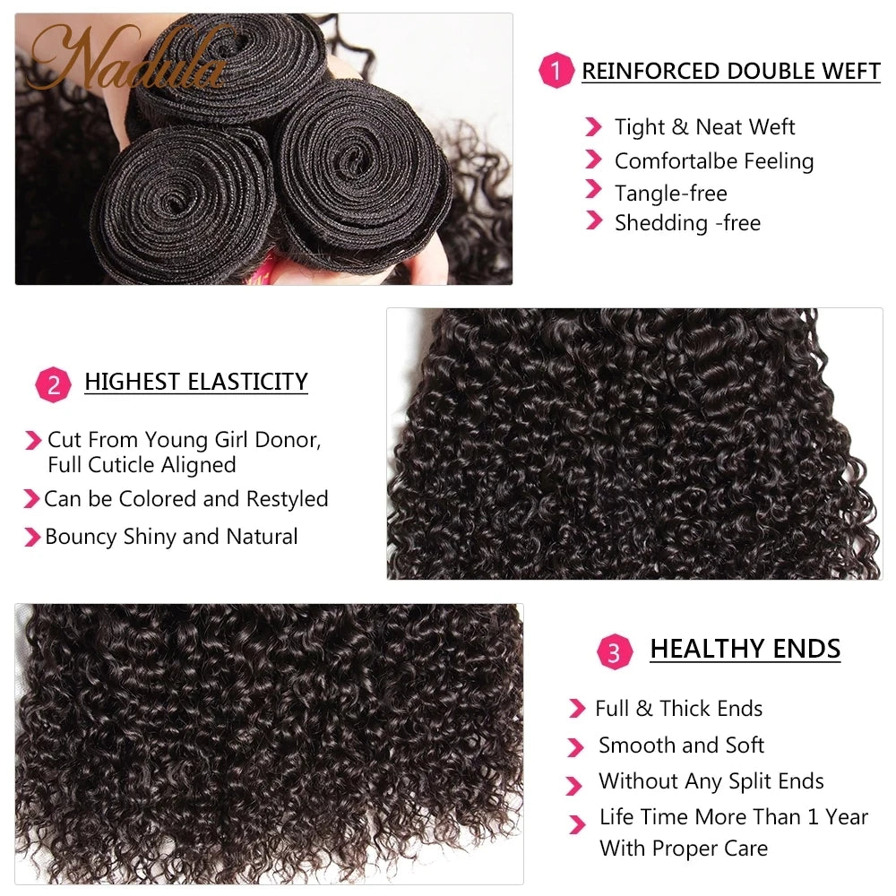 Nadula Hair Brazilian Curly Hair Weave 3 Bundles/4PCS Brazilian Hair Bundles Deal Curly Virgin Human Hair Extensions 8-26inch