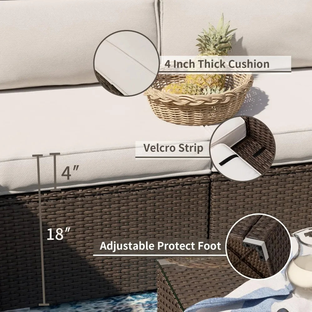 Outdoor Sectional 5-Piece Wicker Patio Furniture Set Sofa Conversation Set w 50,000 BTU Rectangle Fire Pit Coffee Table Wind Gu