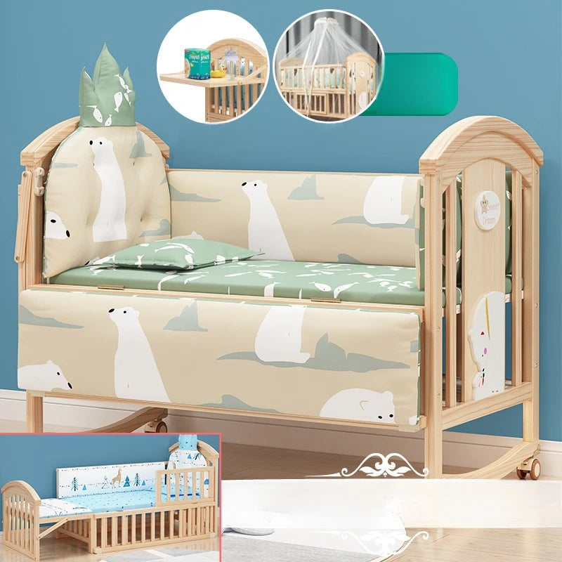 Comfortable Baby Bed,Solid Wood,Movable,with Diaper Changing Table and Mosquito Net,Multifunctional Baby Bed, Adjustable Height