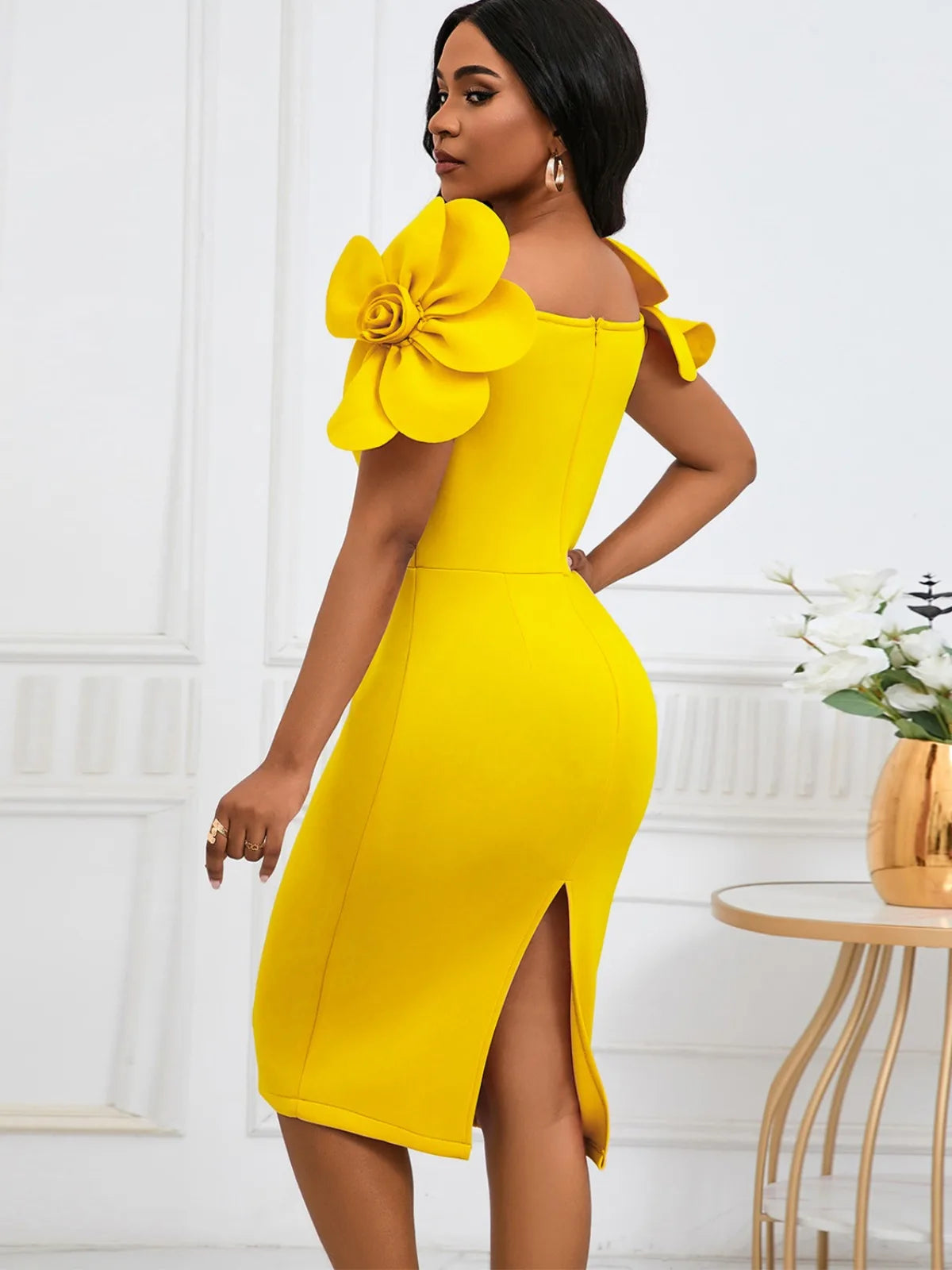 Sexy Slim Solid Color Evening Dress for Women 3D Flower Elegant Temperament Dress Belt Banquet Buttocks Wrapped Skirt 2024 New