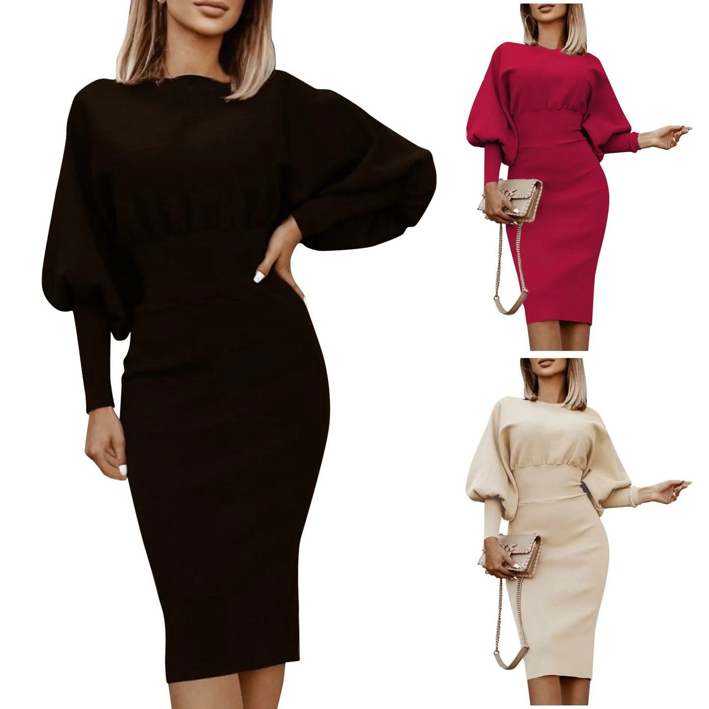 Women's Luxury Red High Waist Dress Elegant Ladies O-neck Long Sleeve Folds Bodycon Gray Evening Robe Fall New