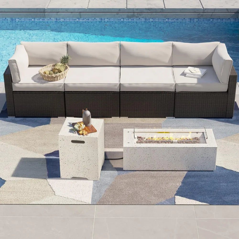 Outdoor Sectional 5-Piece Wicker Patio Furniture Set Sofa Conversation Set w 50,000 BTU Rectangle Fire Pit Coffee Table Wind Gu