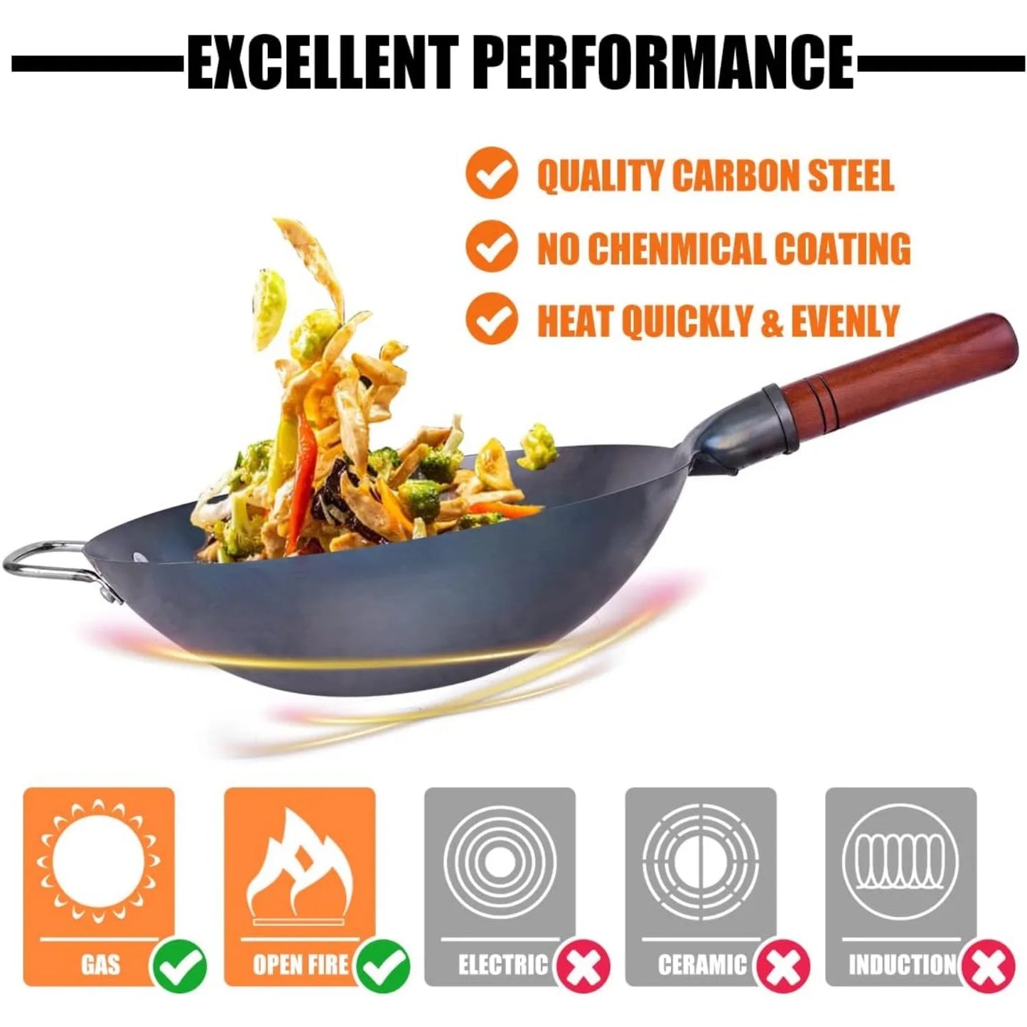 Carbon Steel Wok Traditional Hand Hammered Wok - 13.4" Chinese Wok Round Bottom Wok Pan Set with 8 Pcs Cookware Accessories