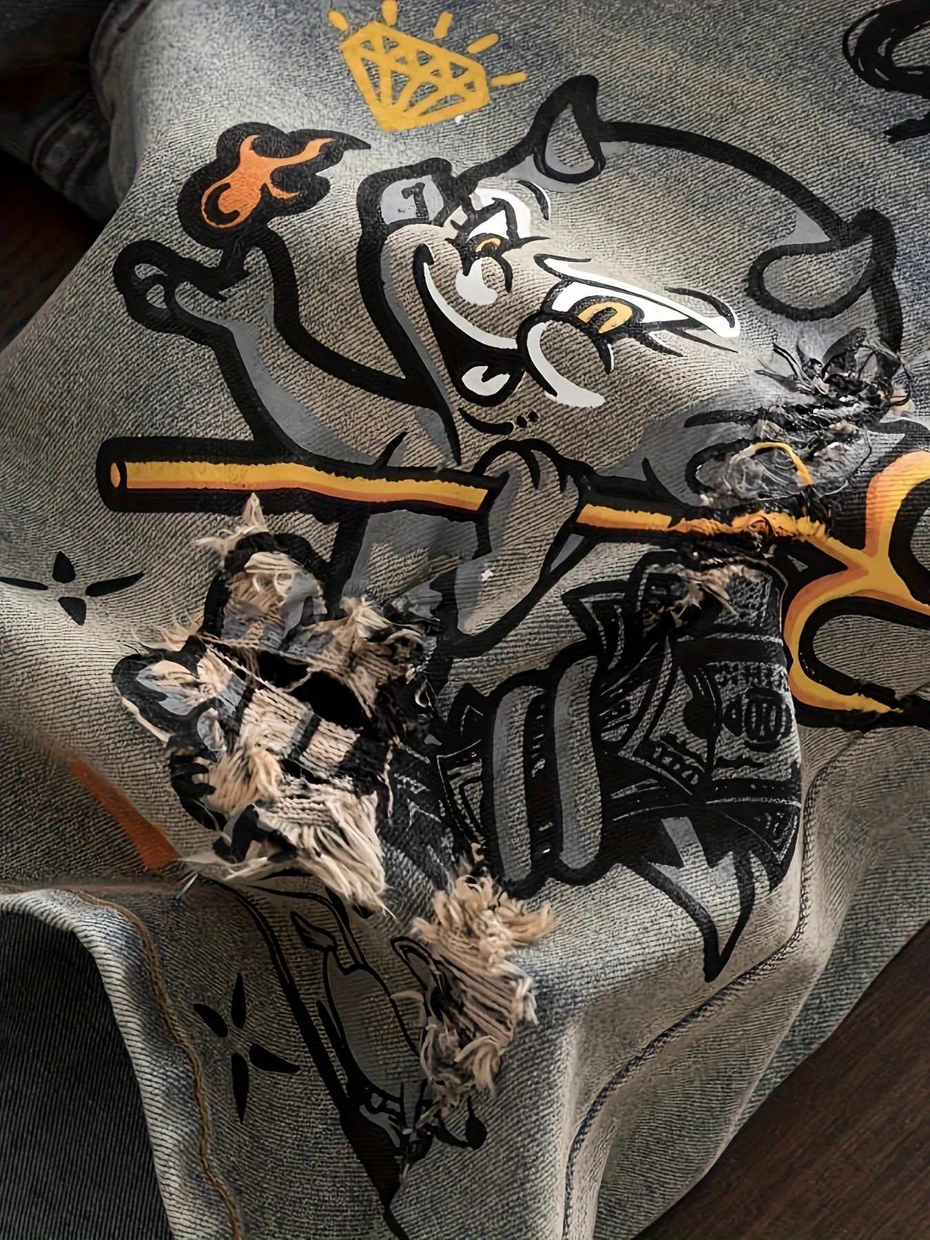 New European and American Retro Little Devil Print Hole-Punch Jeans